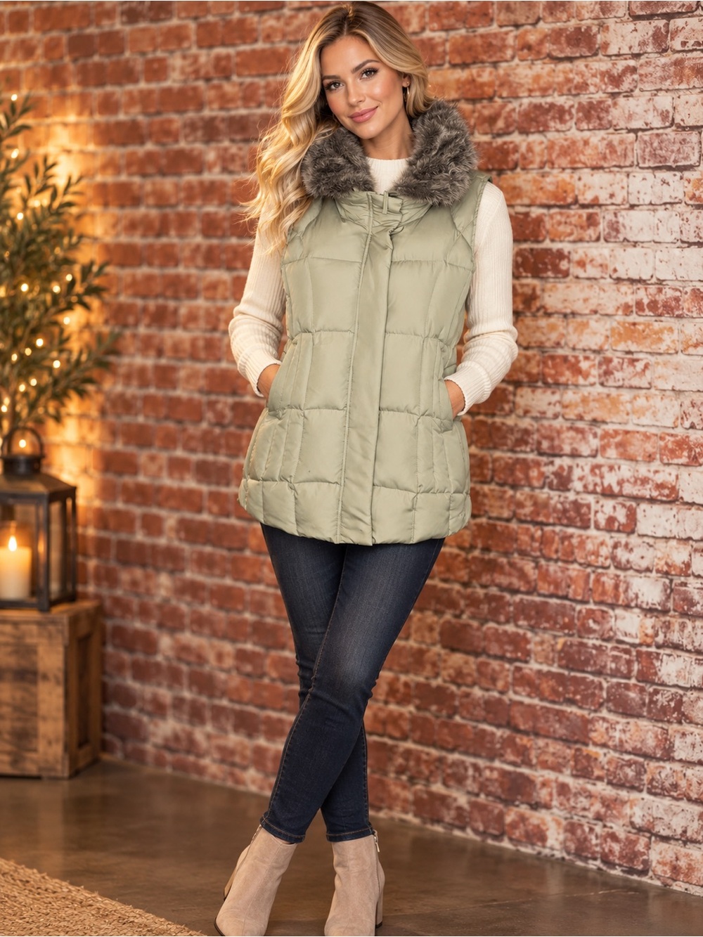 Athletic Wear Tan Down Fur Collar Zippered Puffer Vest